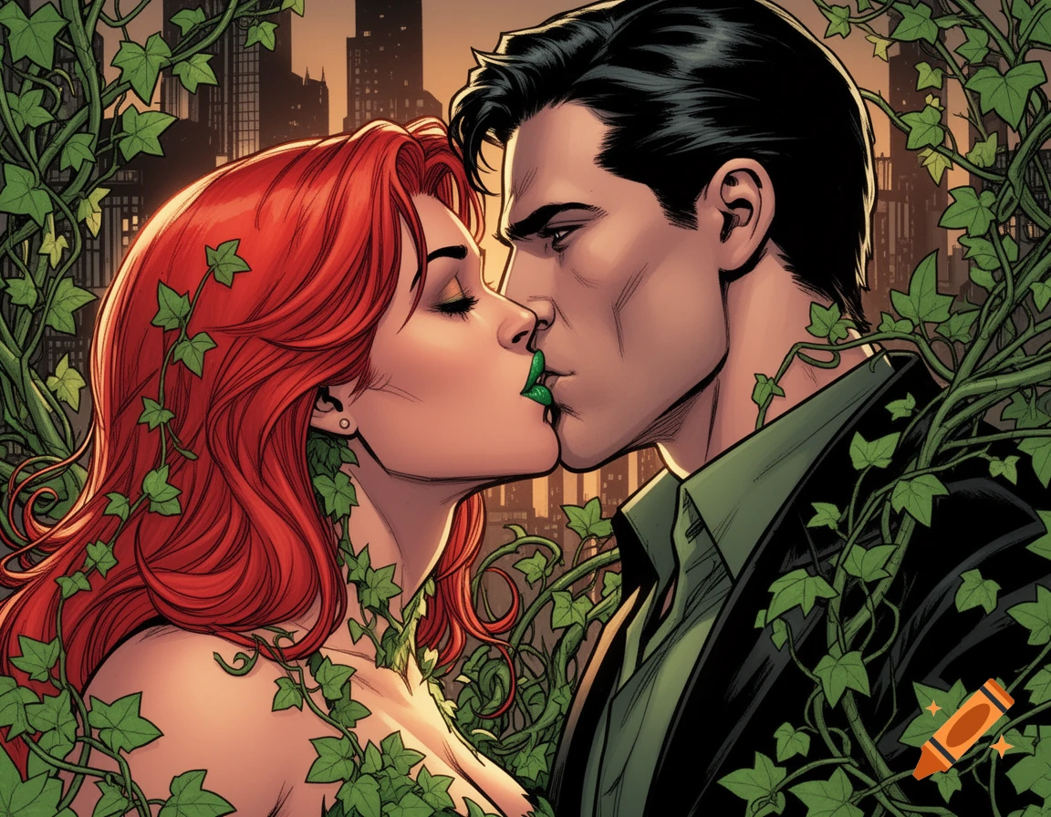 Poison Ivy and Bruce Wayne share a kiss, entwined in ivy vines, with a city skyline behind them in a comic book art style.