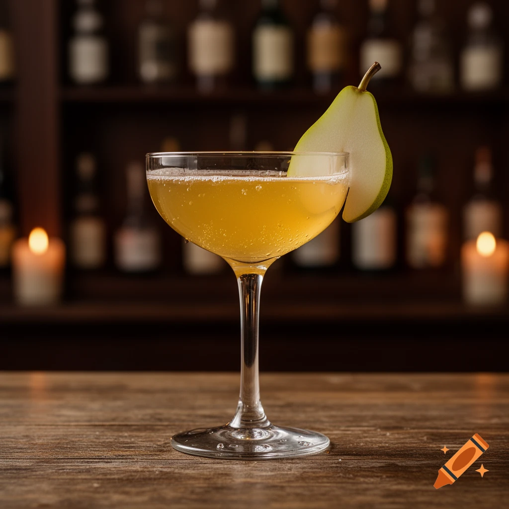 A pear cocktail in a coupe glass, garnished with a pear slice, sits on a wooden bar with blurred liquor bottles and candles in the background.