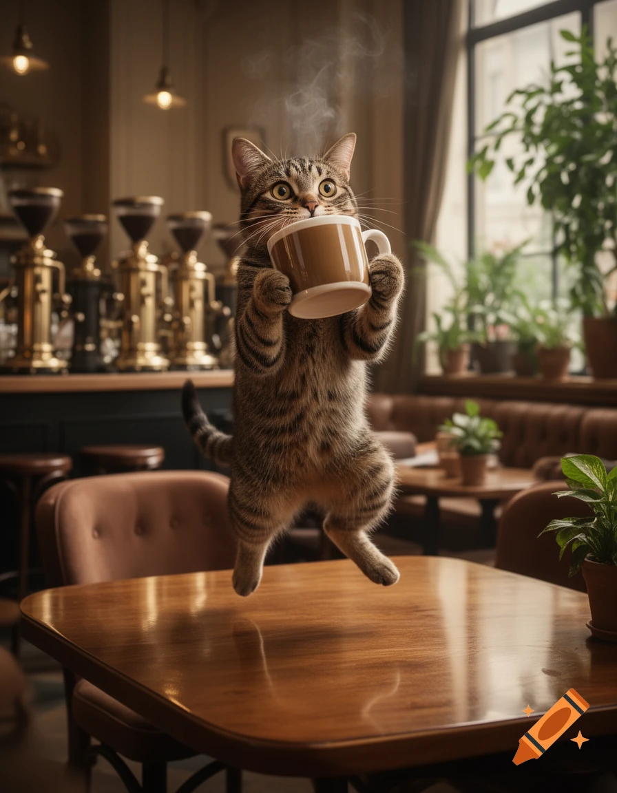 A photorealistic tabby cat levitates in a cozy cafe, standing on its hind legs and holding a steaming coffee mug.