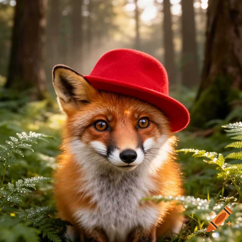 A cute red fox with a red hat sitting in a sun-dappled forest, surrounded by green ferns with dew drops.