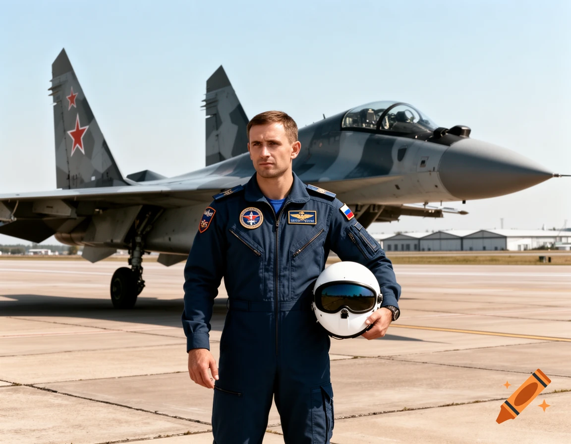 Photorealistic image of a pilot in a dark blue uniform holding a helmet, standing on a tarmac in front of a Russian fighter jet under a clear sky.