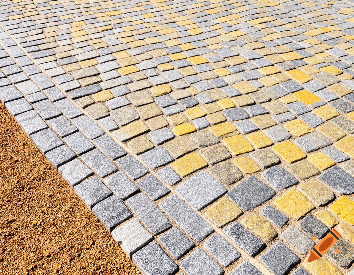 A close-up view of new gray and yellowish granite cobblestone pavement laid in a diagonal pattern, with sand along the edge.