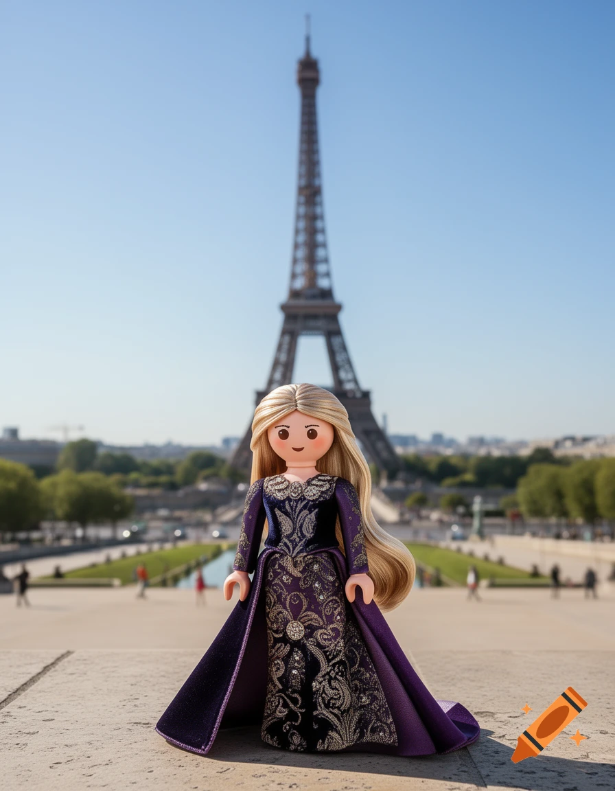 A blonde Playmobil figure in a detailed purple dress stands on a stone surface with the Eiffel Tower in the background.