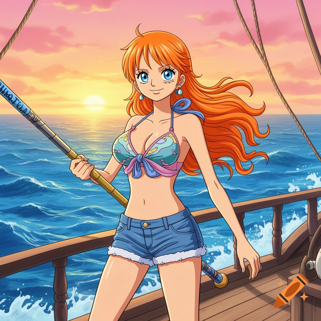 Anime character Nami in a bikini top and shorts stands on a ship deck at sunset.