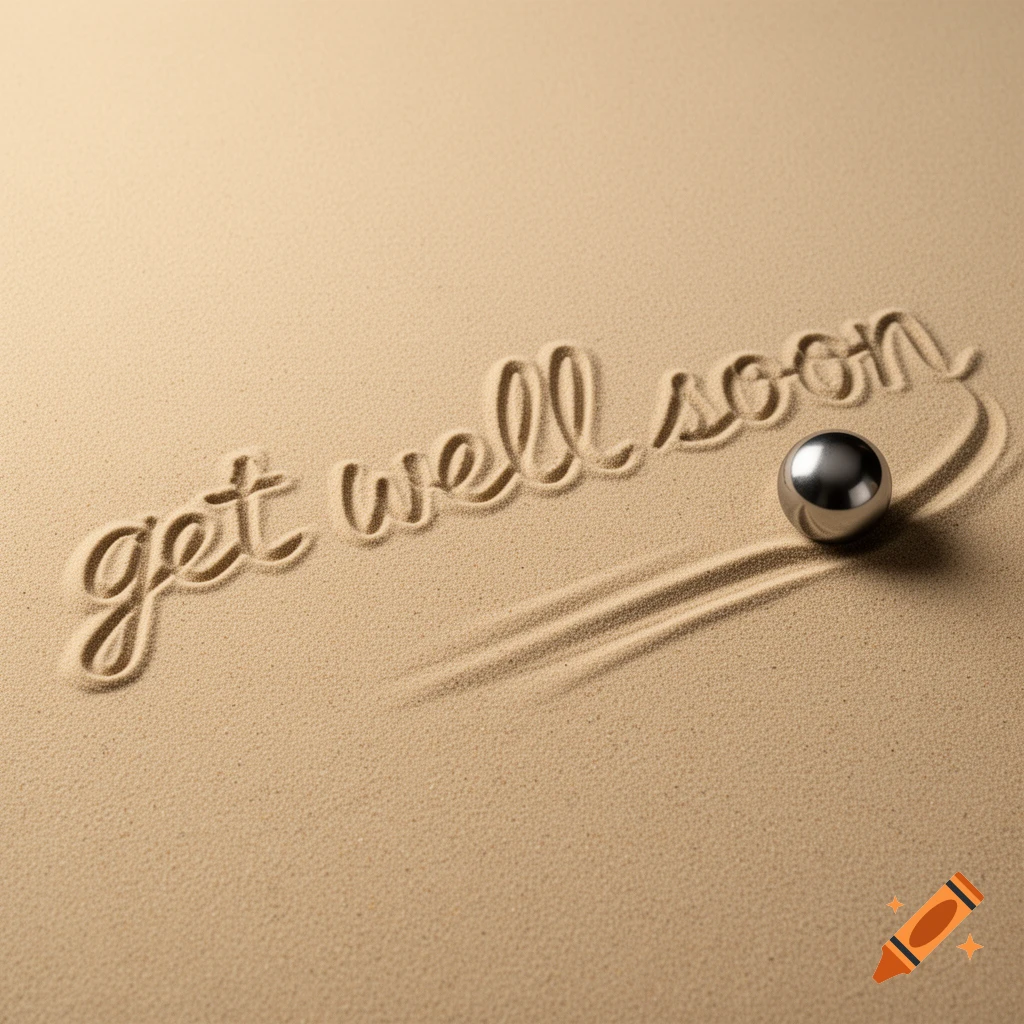 The words "get well soon" are elegantly written in fine beige sand by a rolling polished steel magnetic ball, creating continuous cursive lettering and tracks under soft warm light.