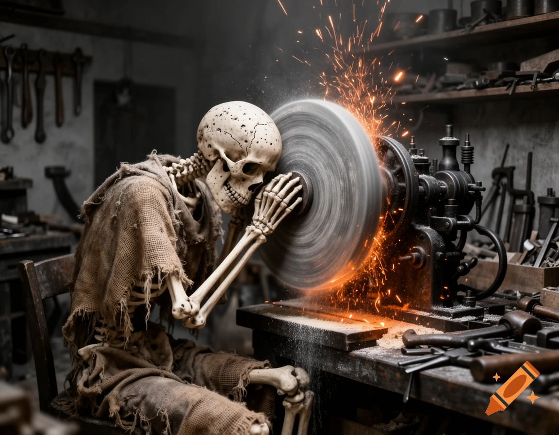 A skeleton in ragged clothes sits in a dark workshop, pressing its skull against a spinning grinding wheel, sending sparks flying.