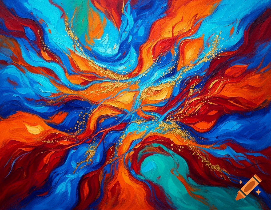 A vibrant abstract painting featuring swirling waves of red, blue, and orange with golden flecks.