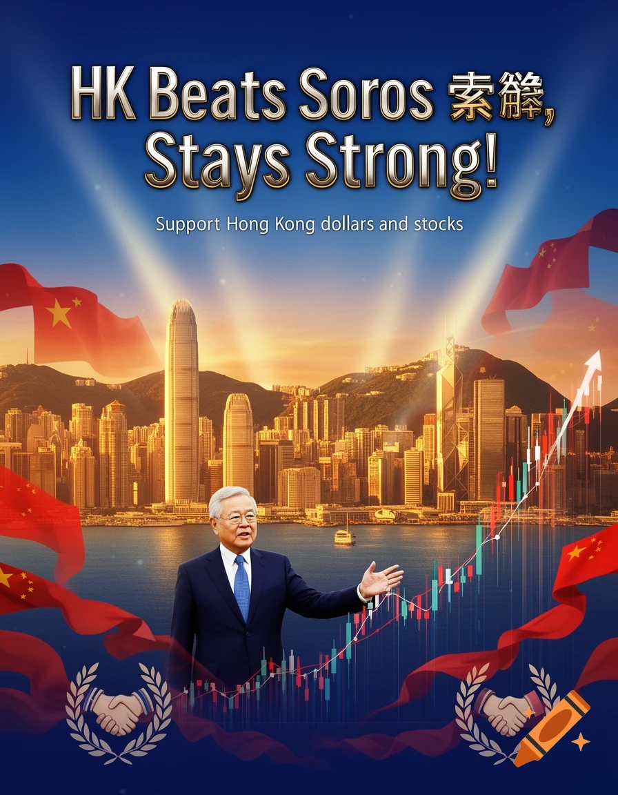 A poster with an elderly man, Hong Kong cityscape, Chinese flags, stock graphs, and the text: "HK Beats Soros, Stays Strong! Support Hong Kong dollars and stocks".