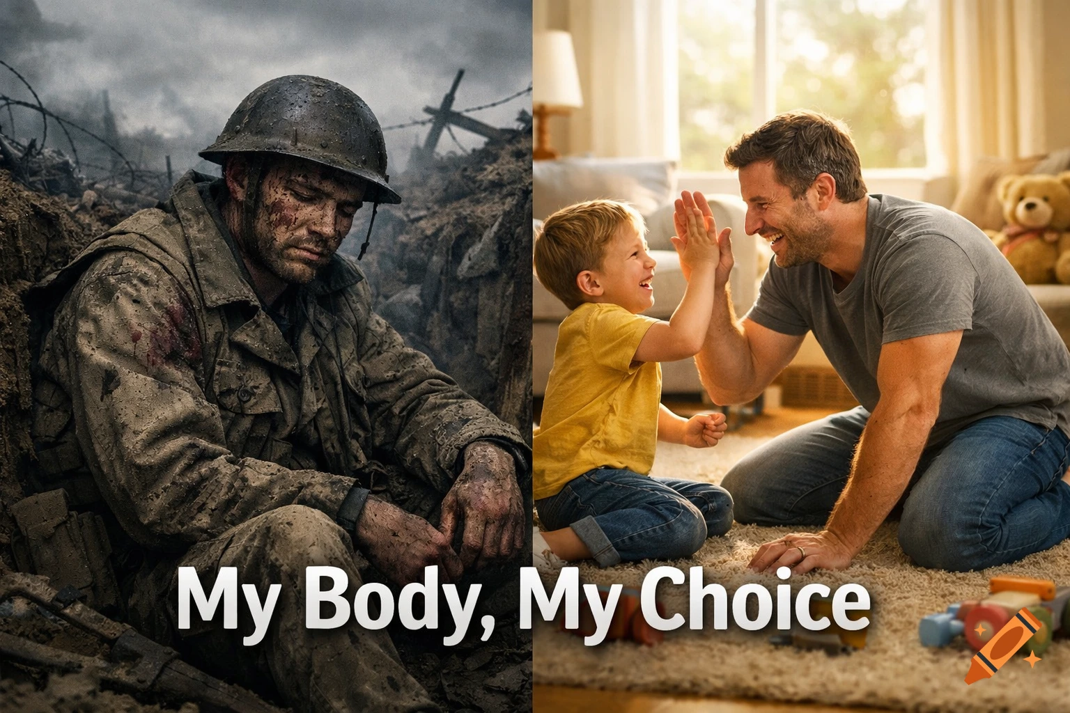 Split image shows a dirty soldier in a trench and a father playing with his child at home. Text: 'My Body, My Choice'.