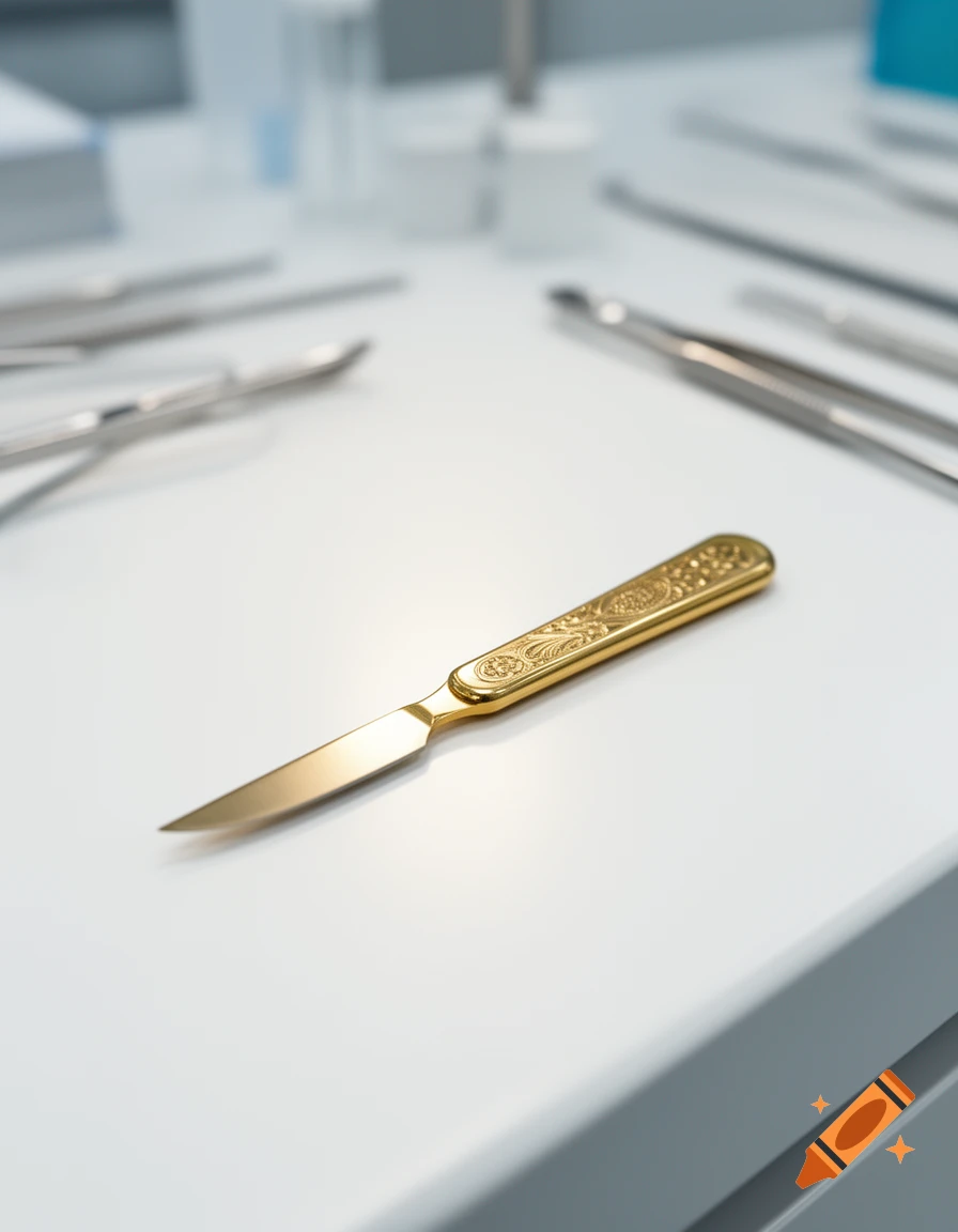 A close-up of a gold scalpel with an ornate handle, resting on a white surface among blurred surgical instruments.