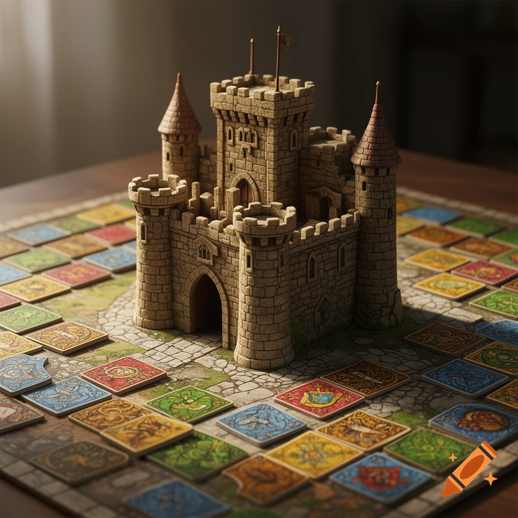 A detailed miniature castle stands on a board game with numerous colorful, intricately designed tiles, in a photorealistic style.