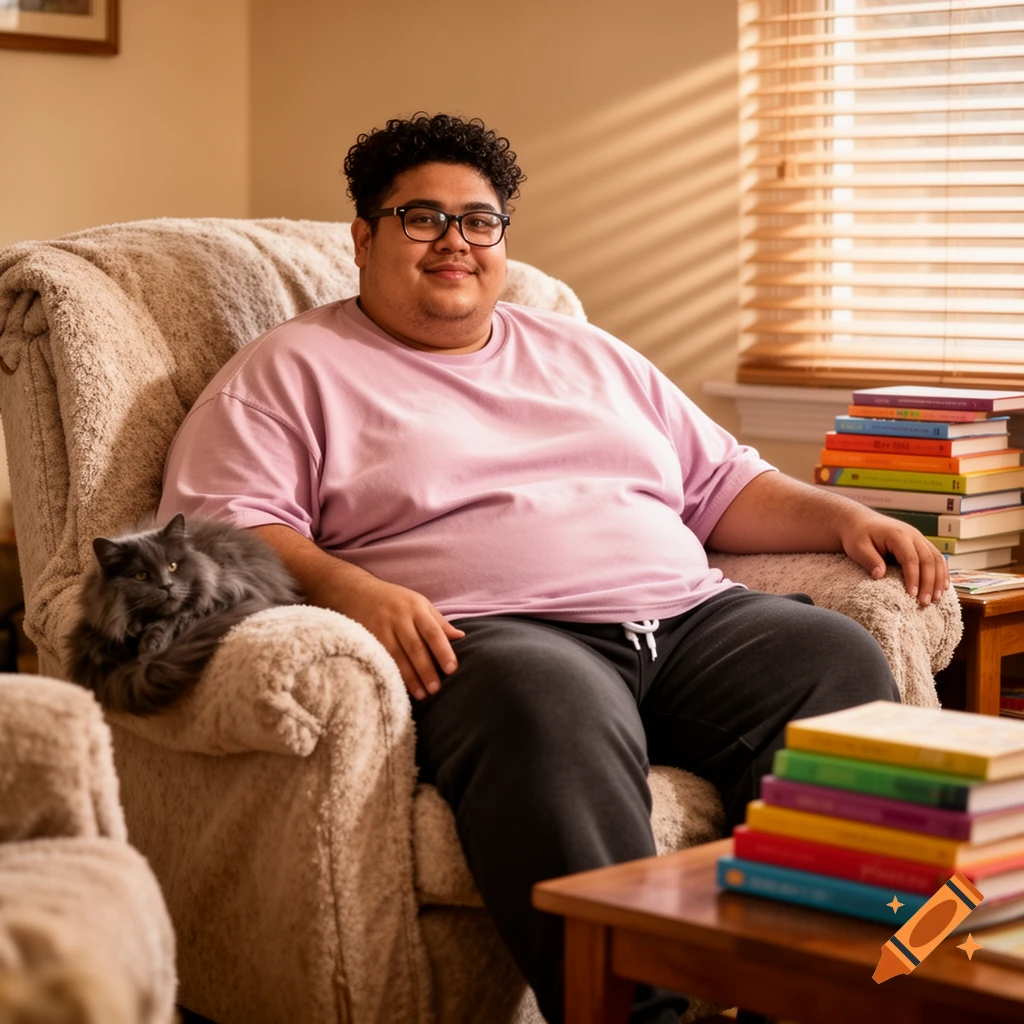 A person with curly hair and glasses sits in an armchair with a grey cat, surrounded by colorful stacks of books in a sunlit room.