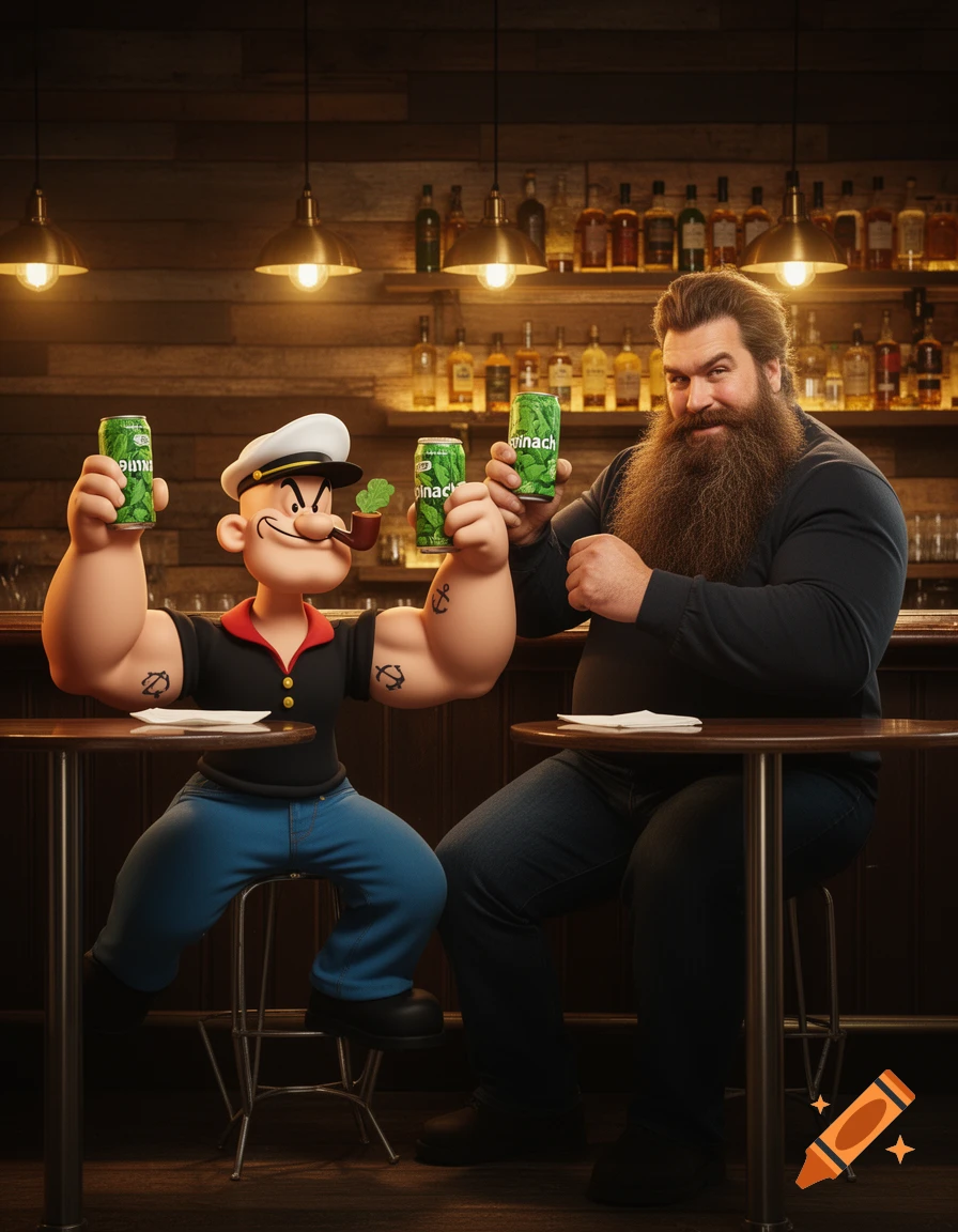 Popeye and a bearded man resembling Brutus sit at a bar, raising green cans labeled 'SPINACH'.