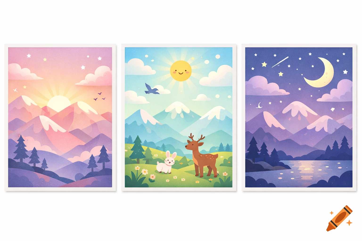 Three pastel cartoon posters depicting mountain landscapes. One shows a sunrise, another a sunny day with animals, and the third a starry night with a moon.