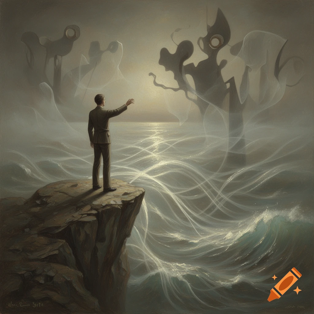 A man in a suit on a cliff reaches toward a misty sea with glowing waves and shadowy abstract figures, in a surreal, painterly style.