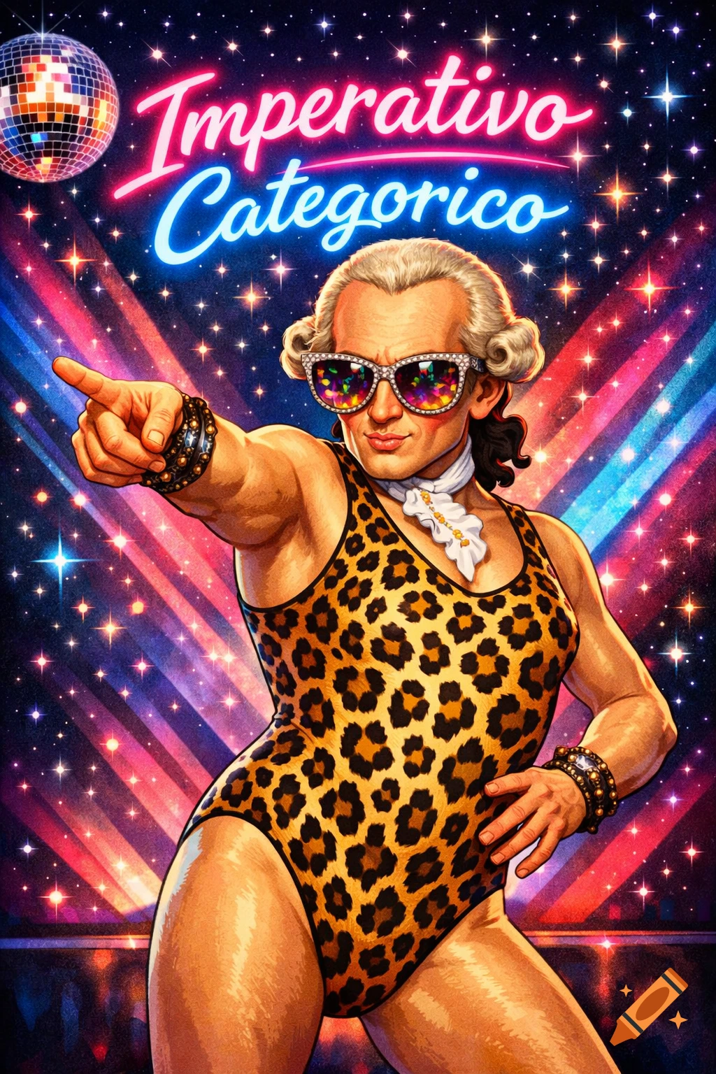 Pop art illustration of Immanuel Kant in a leopard print bodysuit and sparkly sunglasses, pointing forward, with 'Imperativo Categorico' in neon lights.