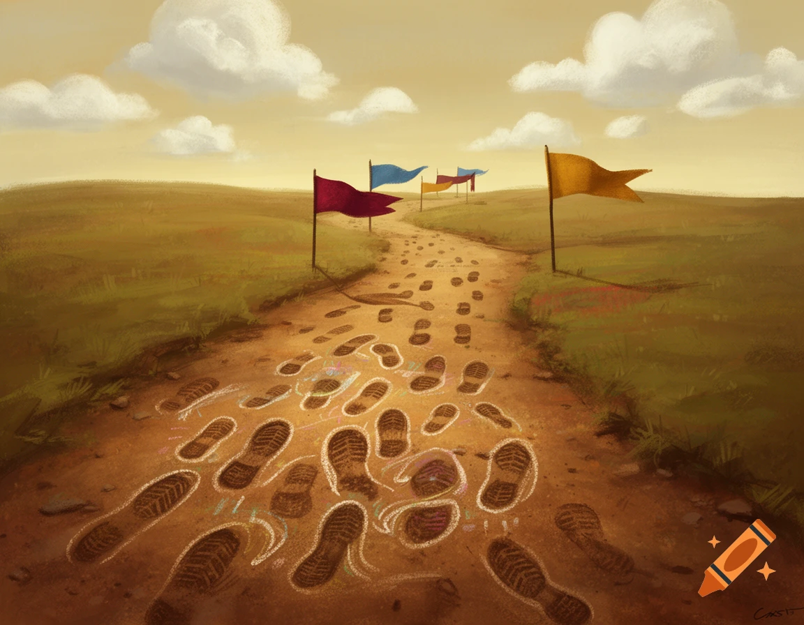 A painterly illustration of a dirt path with chalk-outlined footprints and colorful flags leading into the distance under a cloudy sky.