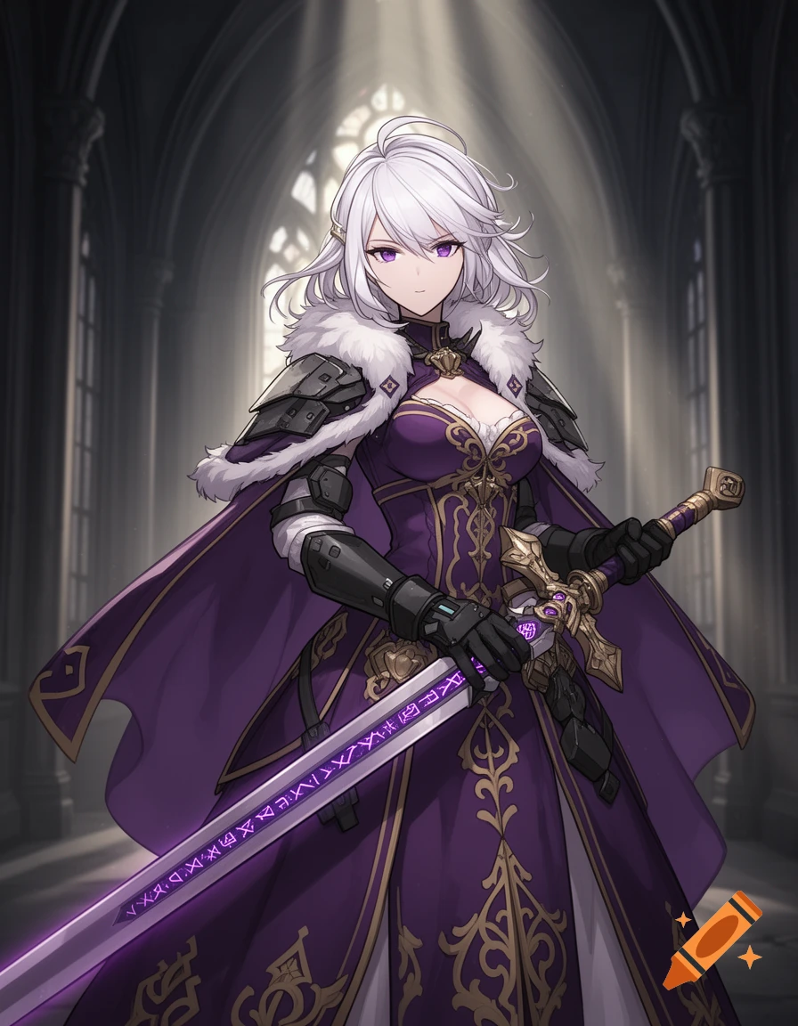 An anime-style female warrior with white hair, purple eyes, and a purple noble gown with gold trim and armor, holding a glowing purple runic greatsword in a gothic castle corridor.