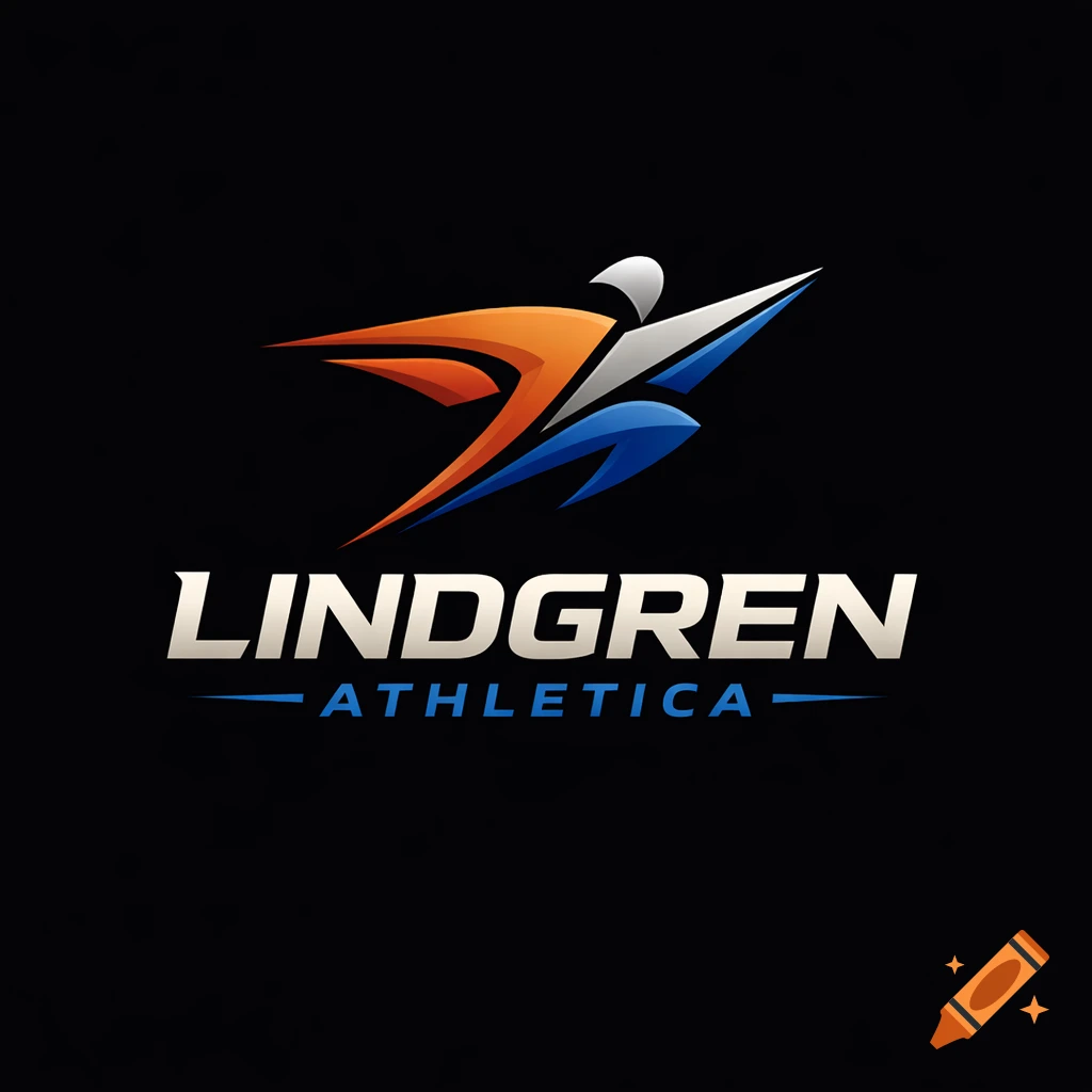 A dynamic logo on a black background, featuring an abstract figure in orange, blue, and white, with the text "LINDGREN ATHLETICA".