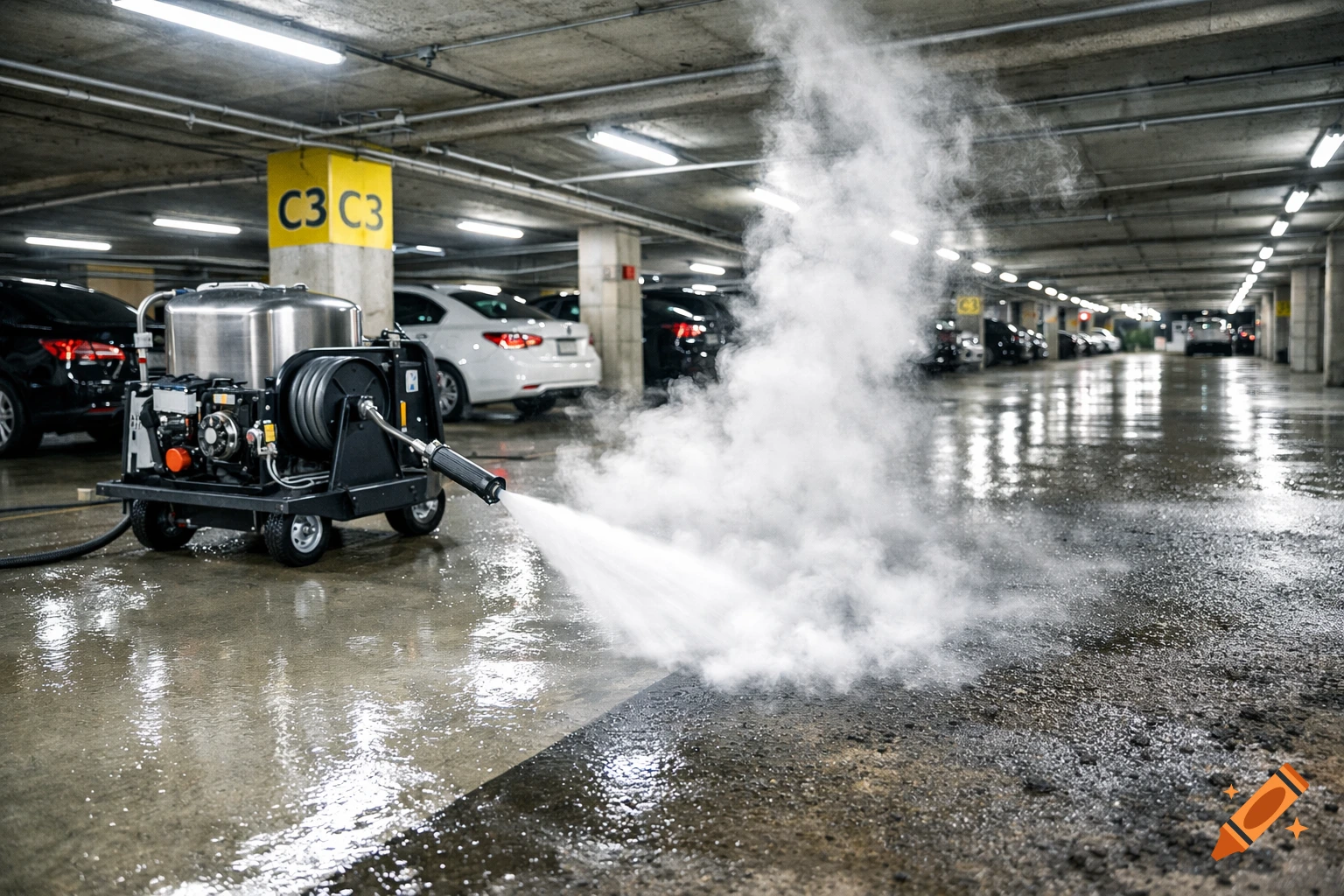 A high-pressure cleaning machine sprays steam and water onto a dirty concrete floor in an underground parking garage.