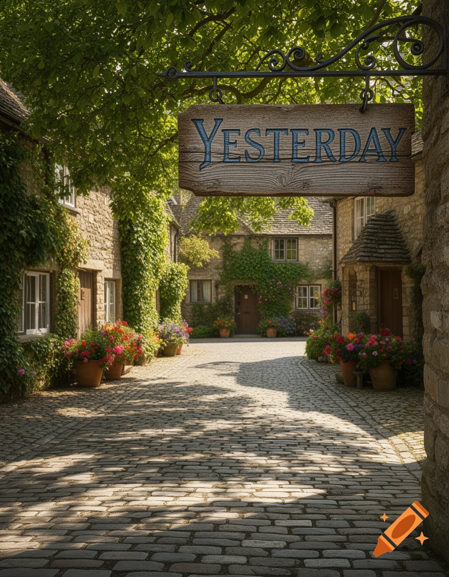 A charming cobblestone street winds through an old village with ivy-covered stone buildings and flower pots. A sign reads 'YESTERDAY'.