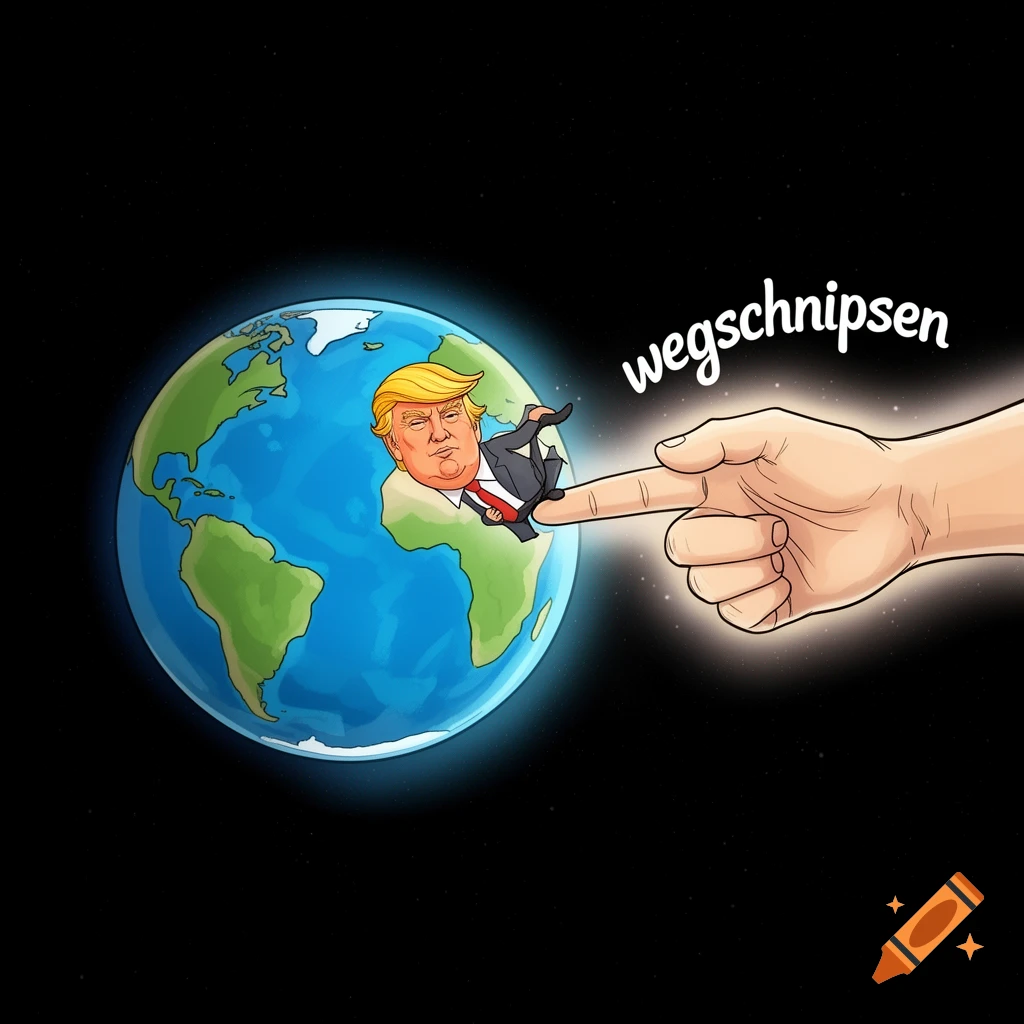 A cartoon hand prepares to flick a caricature of Donald Trump off a stylized Earth, with the German word 'wegschnipsen'.