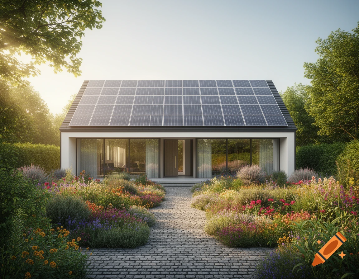 A modern house with solar panels on the roof, surrounded by a vibrant, colorful garden and a stone path under a sunny sky.