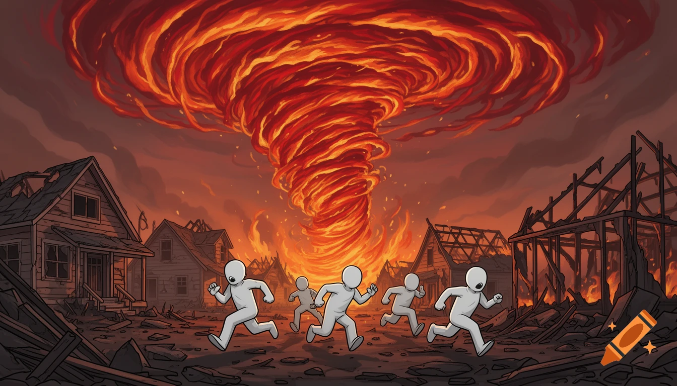 Digital cartoon of faceless people running from a giant fire tornado engulfing a destroyed neighborhood under a fiery sky.