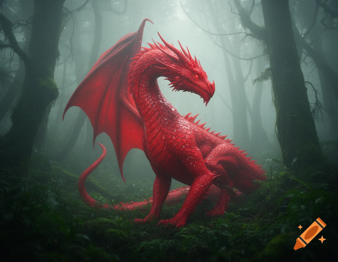 A vibrant red dragon with large wings stands in a mystical, foggy deep ...