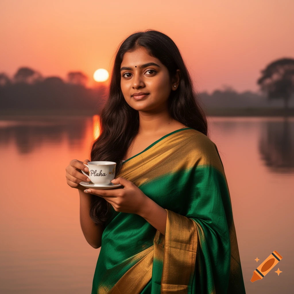 A young woman in a green and gold saree holds a teacup by a lake at sunset.