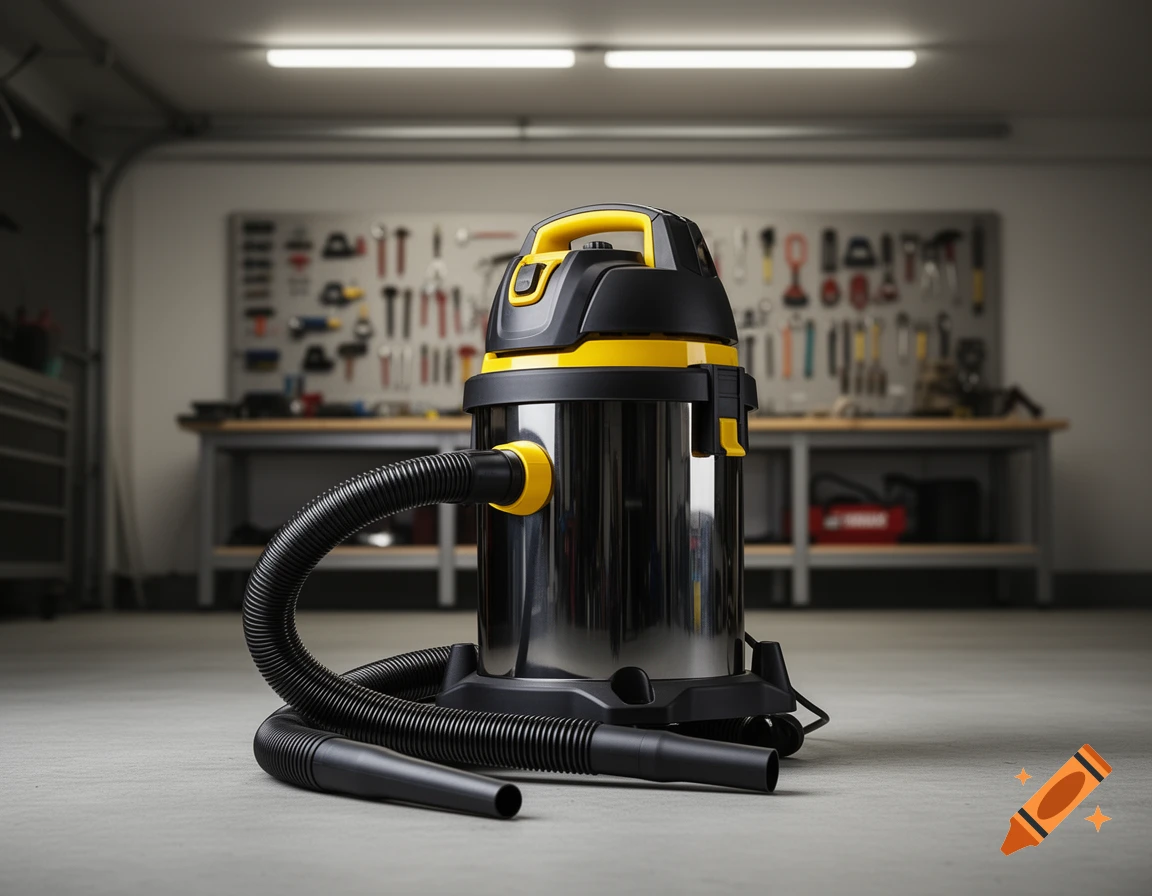 A black and yellow shop-vac on a concrete floor in a workshop with tools on a pegboard in the background.