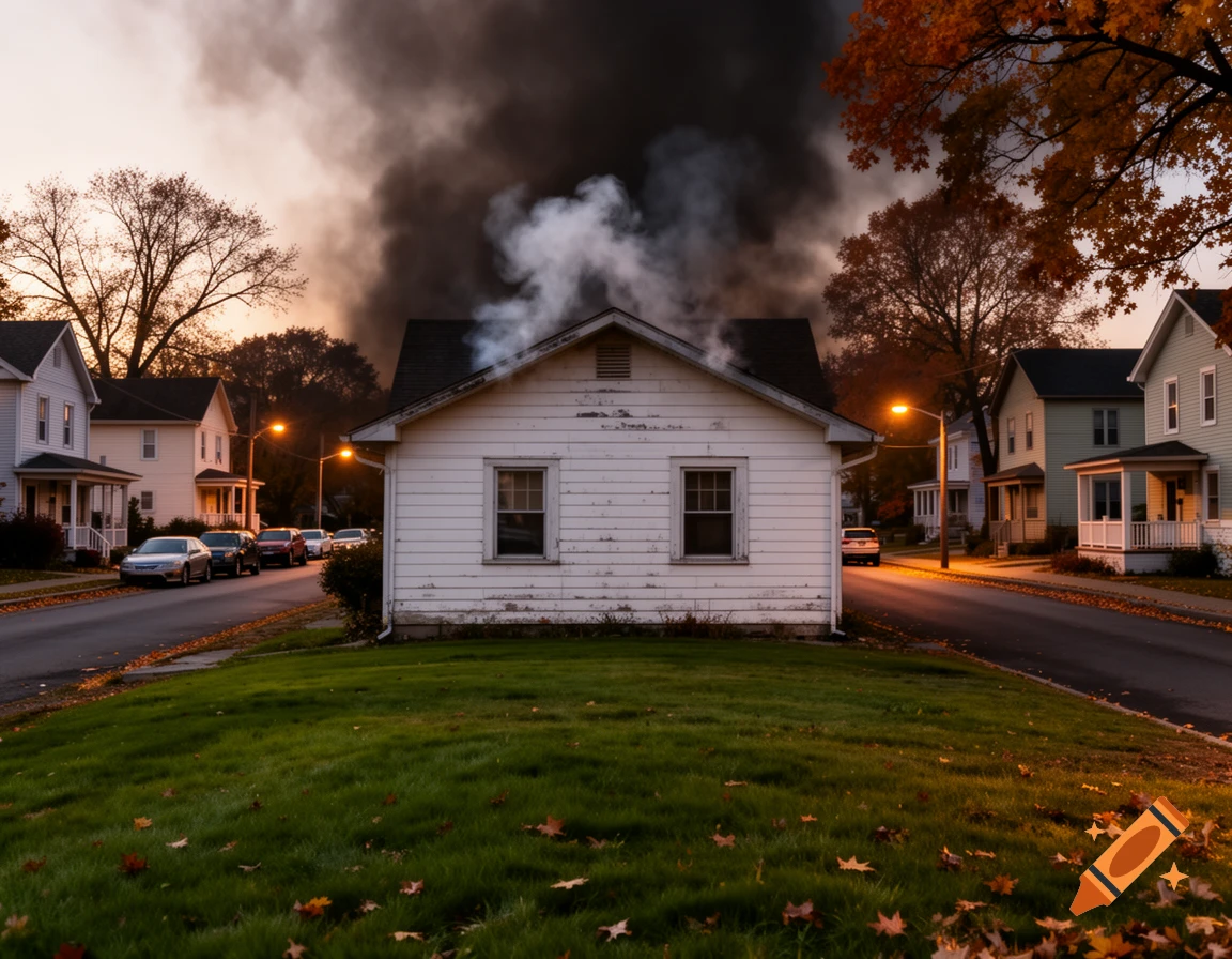 A white house with smoke rising from its roof, surrounded by other homes and a street with cars at dusk, photorealistic.