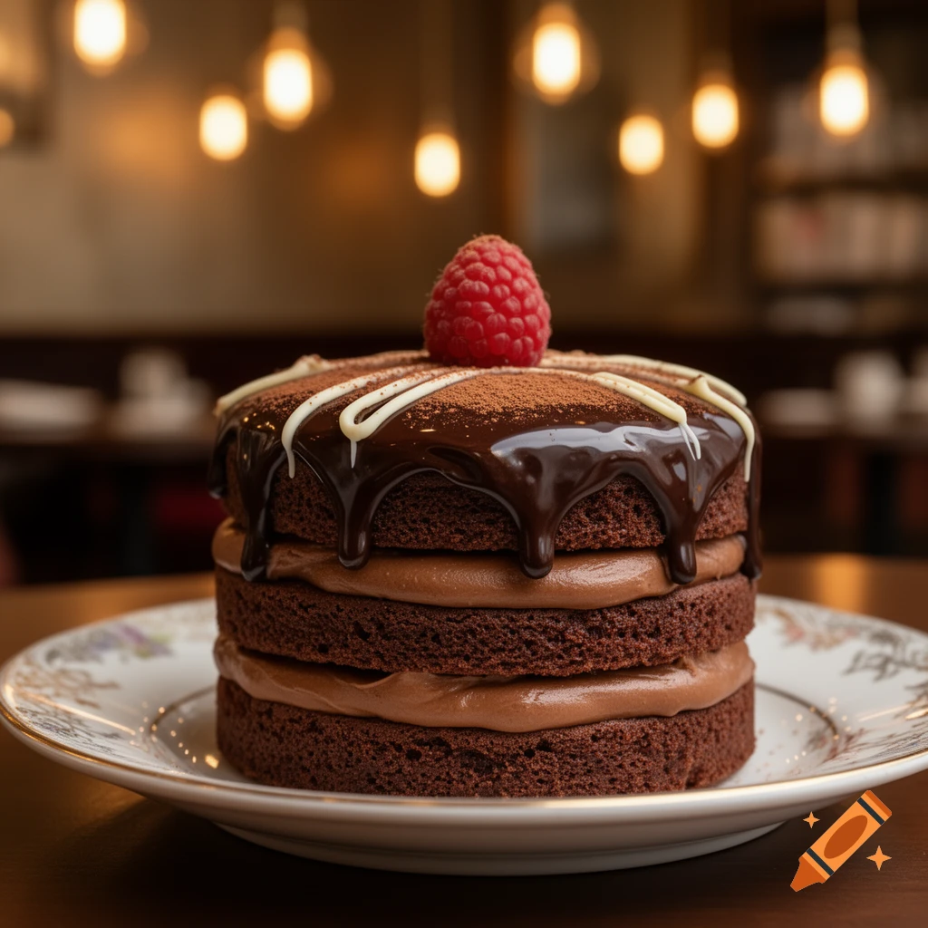 A close-up of a layered chocolate cake topped with chocolate ganache, white drizzle, cocoa powder, and a single raspberry, with blurred background lights.