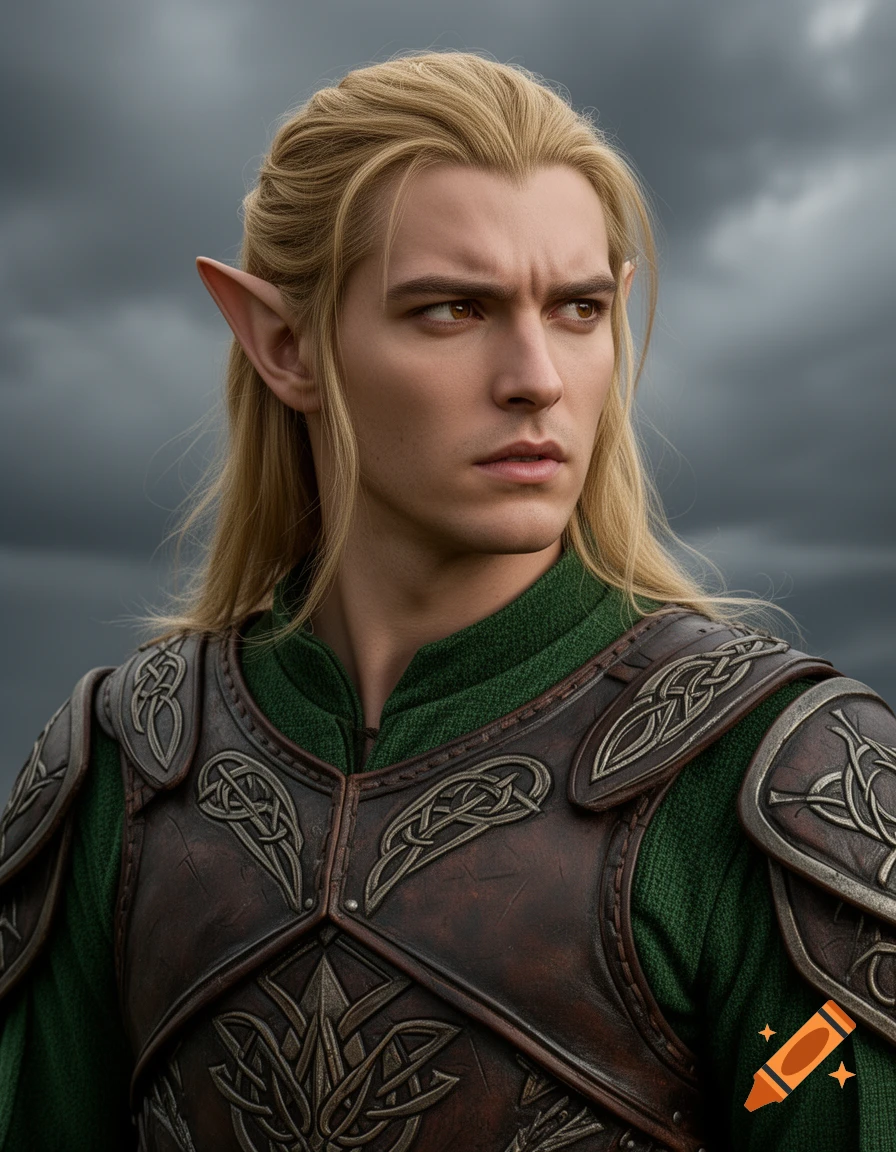 Close-up of a blonde male elf with pointed ears, wearing brown armor and a green tunic, looking suspicious against a dark sky.