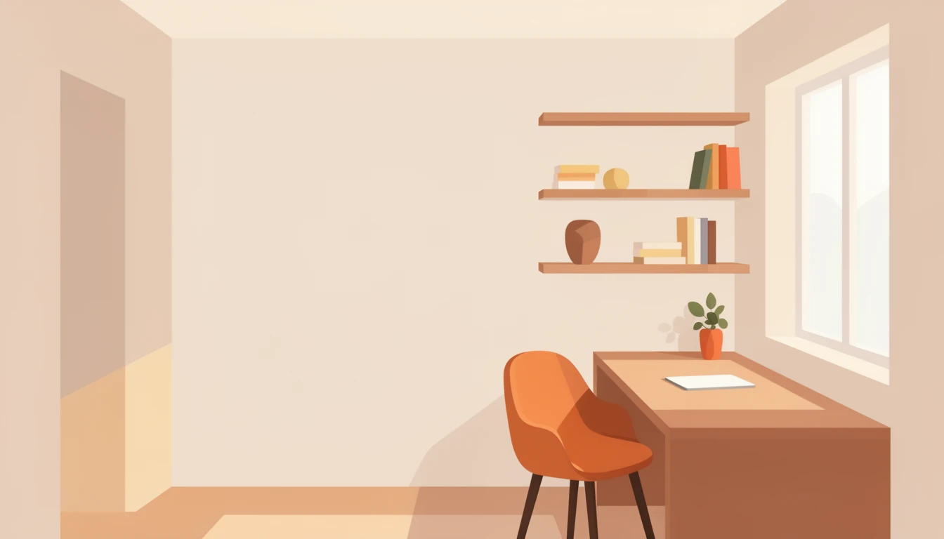 contemporary 2D stock illustration, clean simplified natural forms, flat color areas with gentle soft gradient shading, rounded believable proportions, restrained detail, no outer outlines, no texture or grain, non-photorealistic. A home office nook with a desk to one side, chair, shelves, window, and tidy wall shapes. Modern restrained palette with one dominant furniture color and warm supporting tones. Keep the center-left area visually uncluttered with simple forms and open space behind layered foreground subjects. No characters, no text.
