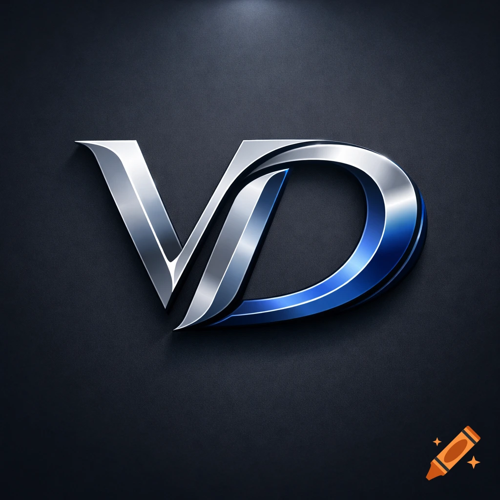 A shiny metallic 3D logo featuring the letters 'VD' in silver and blue on a dark textured background.