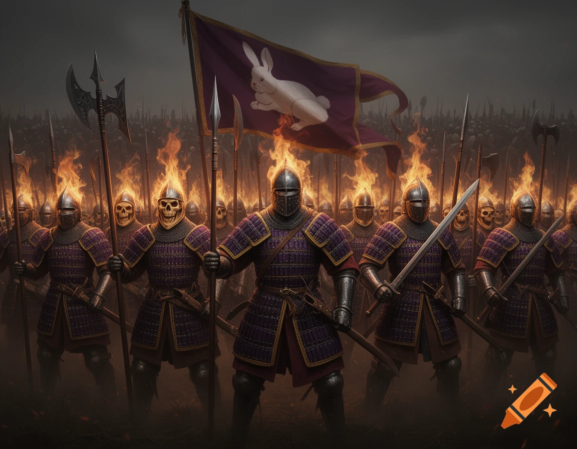 A battalion of heavily armored warriors with flaming helmets and skull faces, carrying weapons, under a banner with a white rabbit.