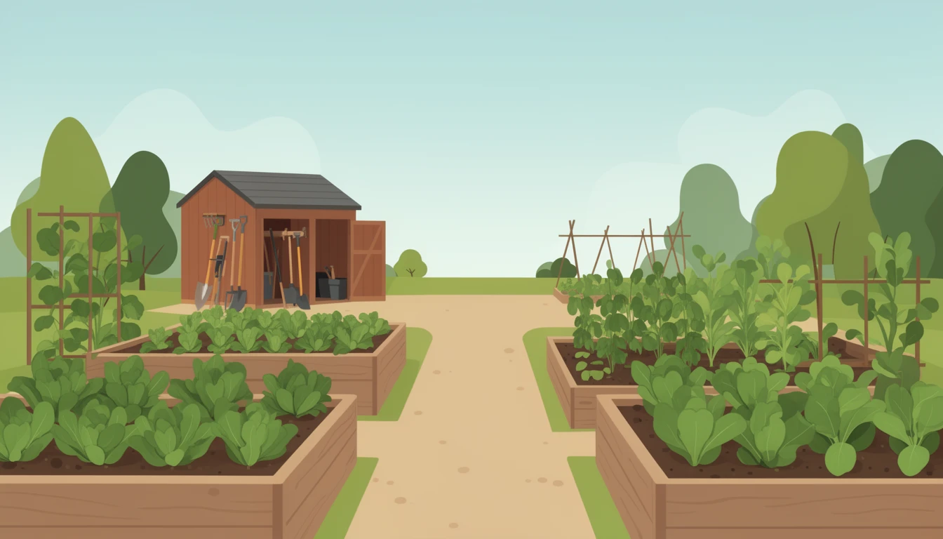 contemporary 2D stock illustration, clean simplified natural forms, flat color areas with gentle soft gradient shading, rounded believable proportions, restrained detail, no outer outlines, no texture or grain, non-photorealistic. A community garden with raised beds at the edges, a tool shed in the distance, paths, and open sky. Plant-forward palette with disciplined greens, earth tones, and one shed accent. Keep the center path area visually uncluttered with simple forms and open space behind layered foreground subjects. No characters, no text.