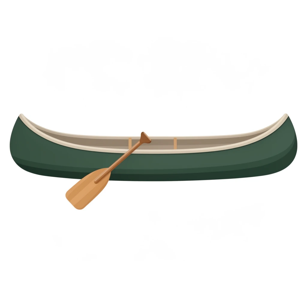 contemporary 2D stock illustration, clean simplified natural forms, flat color areas with gentle soft gradient shading, rounded believable proportions, restrained detail, no outer outlines, no texture or grain, non-photorealistic. A simple canoe in side view with one paddle as a clean standalone cutout asset, centered on a pure white background. One dominant canoe color, neutral interior tone, and a restrained paddle accent. Believable 2D stock-illustration object proportions, not toy-like, not icon-like, not 3D. Clear readable silhouette with comfortable padding, no cast shadow, no floor shadow, no extra scenery, no text.