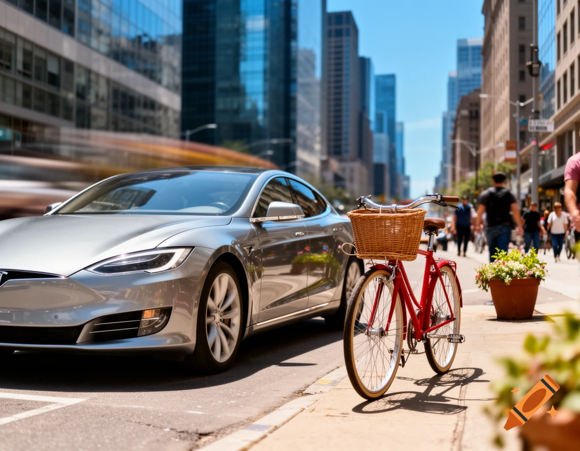 A silver Tesla car and a red bicycle with a basket are parked on a sunny city street, with blurred buildings and pedestrians in the background.