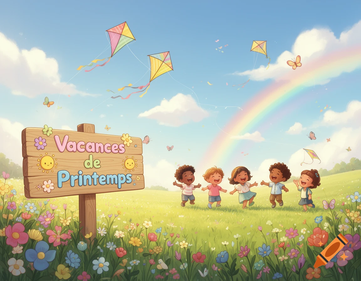A vibrant illustration of diverse children playing in a sunny spring field with flowers, kites, a rainbow, and a sign reading 'Vacances de Printemps'.