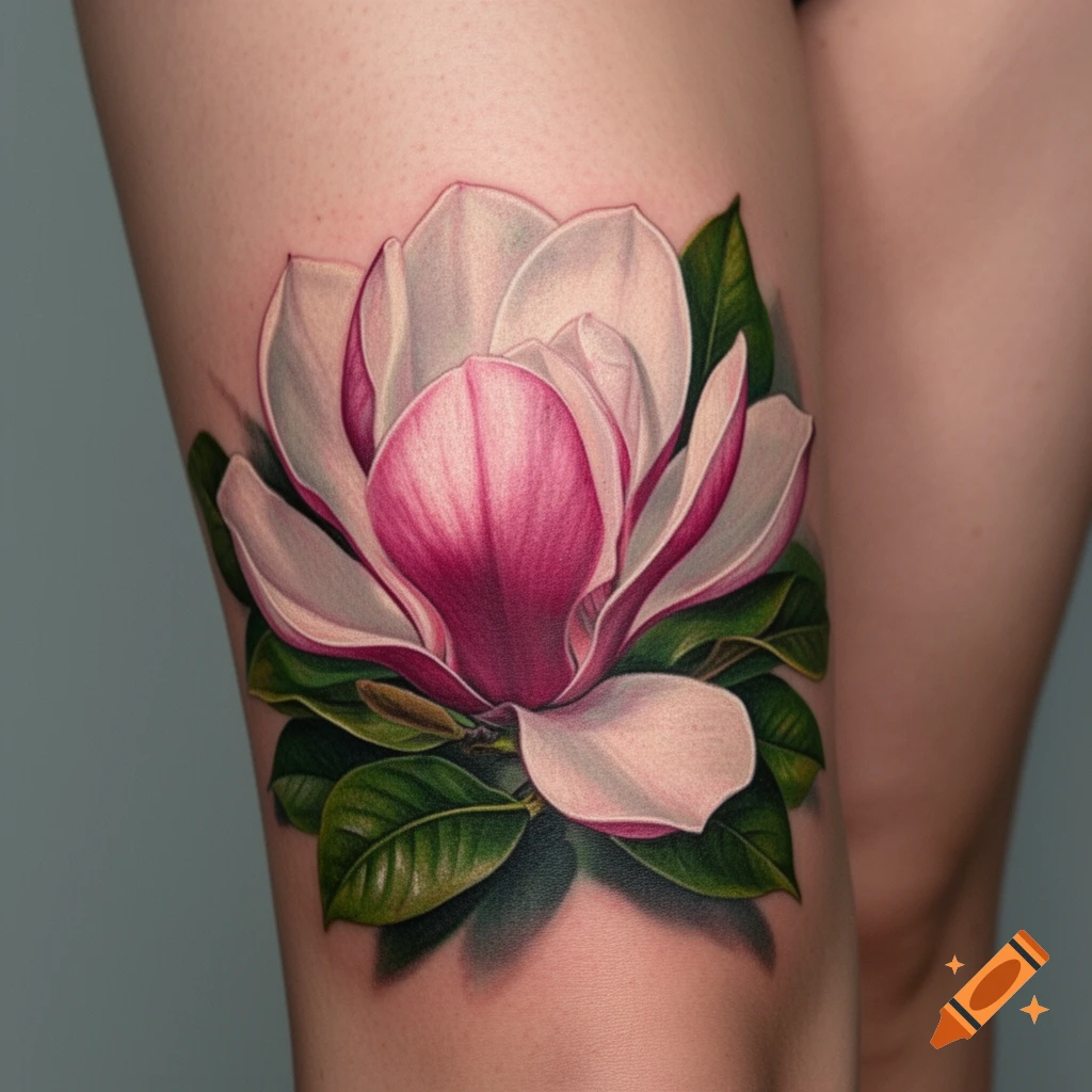 A vibrant pink and white magnolia flower tattoo on a person's thigh, with green leaves and realistic shading.