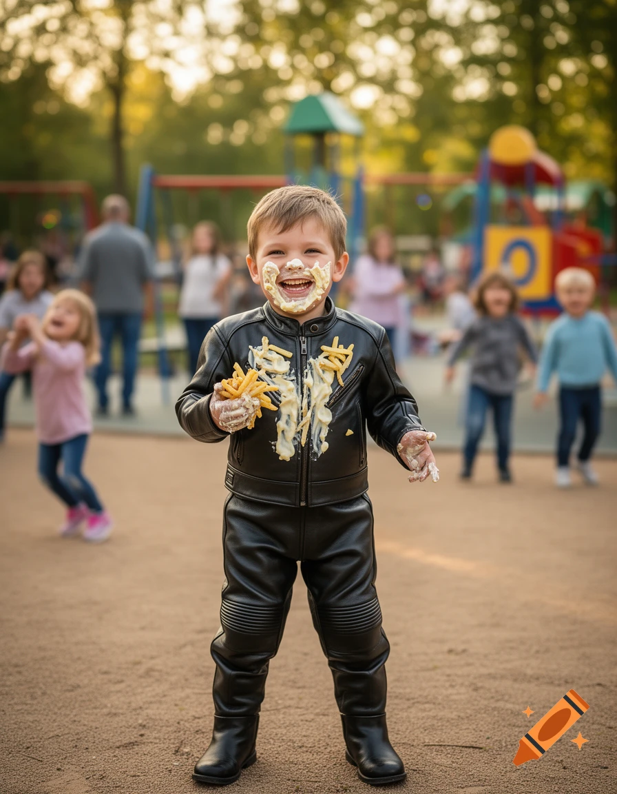 A cheerful boy in a black leather motorcycle suit smiles while covered in mayonnaise and holding french fries at a sunny playground.