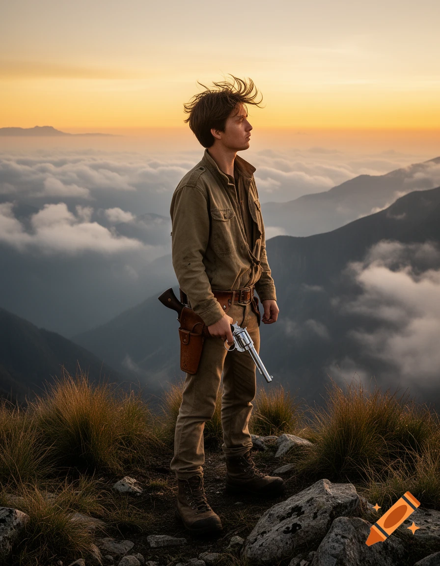 Young man standing on a mountain peak holding a revolver, overlooking clouds and mountains at sunset.