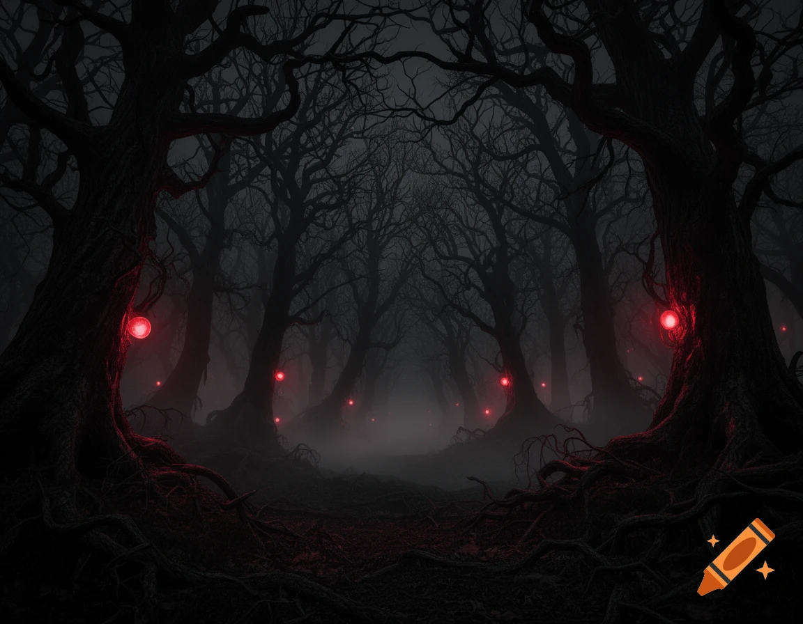 A dark and creepy forest with gnarled trees and glowing red orbs amidst a thick mist, evoking a mysterious atmosphere.