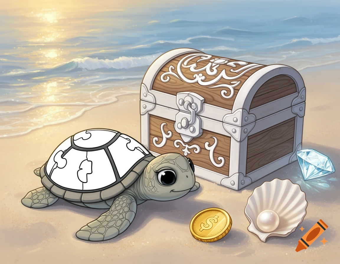 Cute cartoon turtle with white shell shapes on a beach beside a treasure chest, gold coin, diamond, and pearl in a seashell.