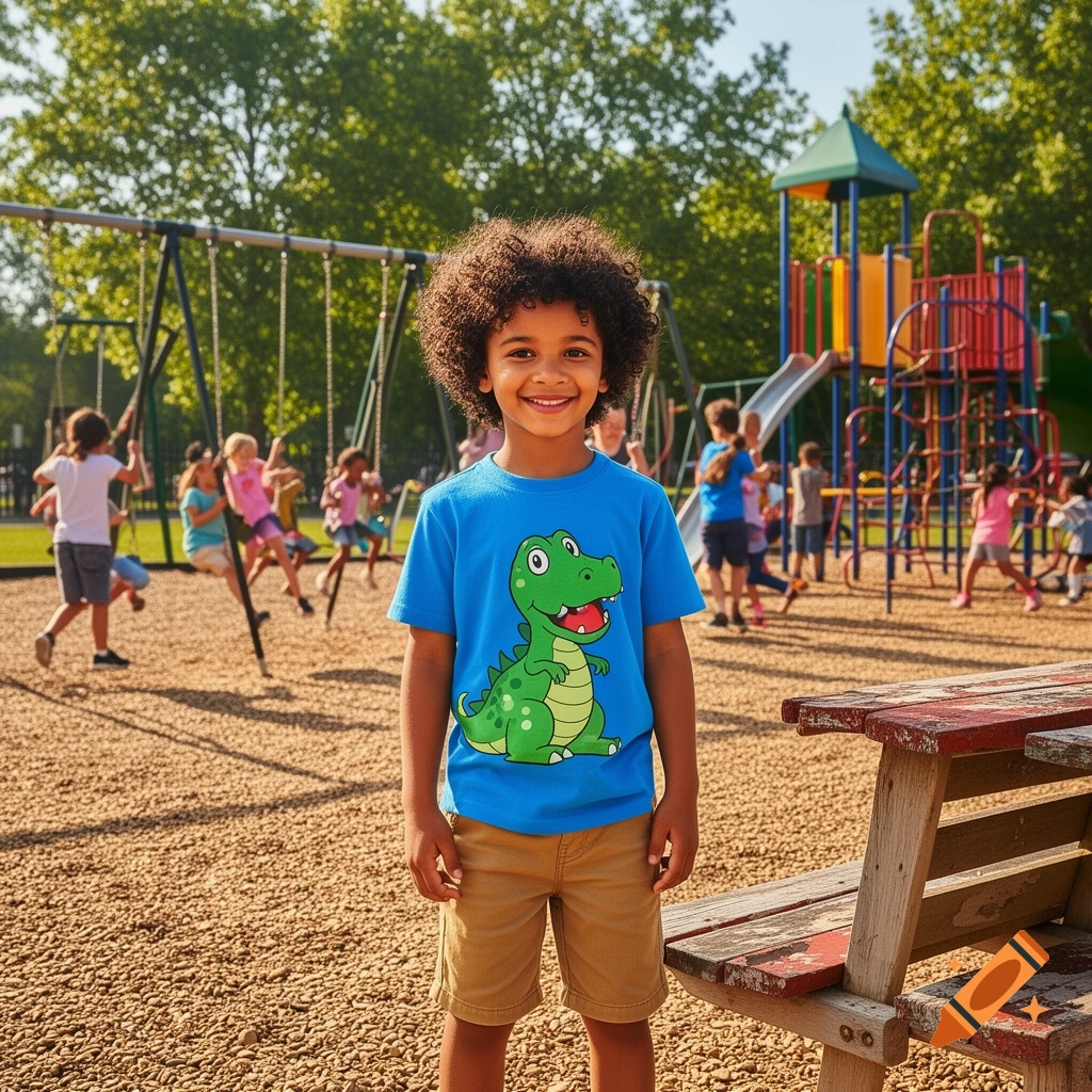 Smiling young boy in a blue dinosaur t-shirt and khaki shorts stands in a sunny playground with other children playing in the background.