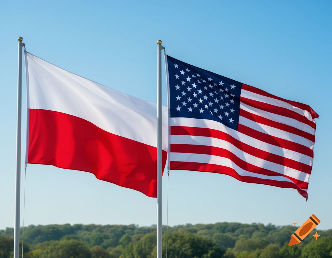 The Polish flag and the American flag fly side by side against a clear blue sky, with green treetops below.