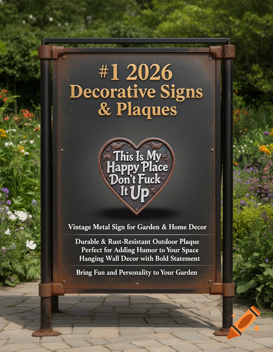 A rustic metal A-frame sign in a garden, displaying text like "#1 2026 Decorative Signs & Plaques" and "This Is My Happy Place Don't Fuck It Up" on a heart-shaped plaque.