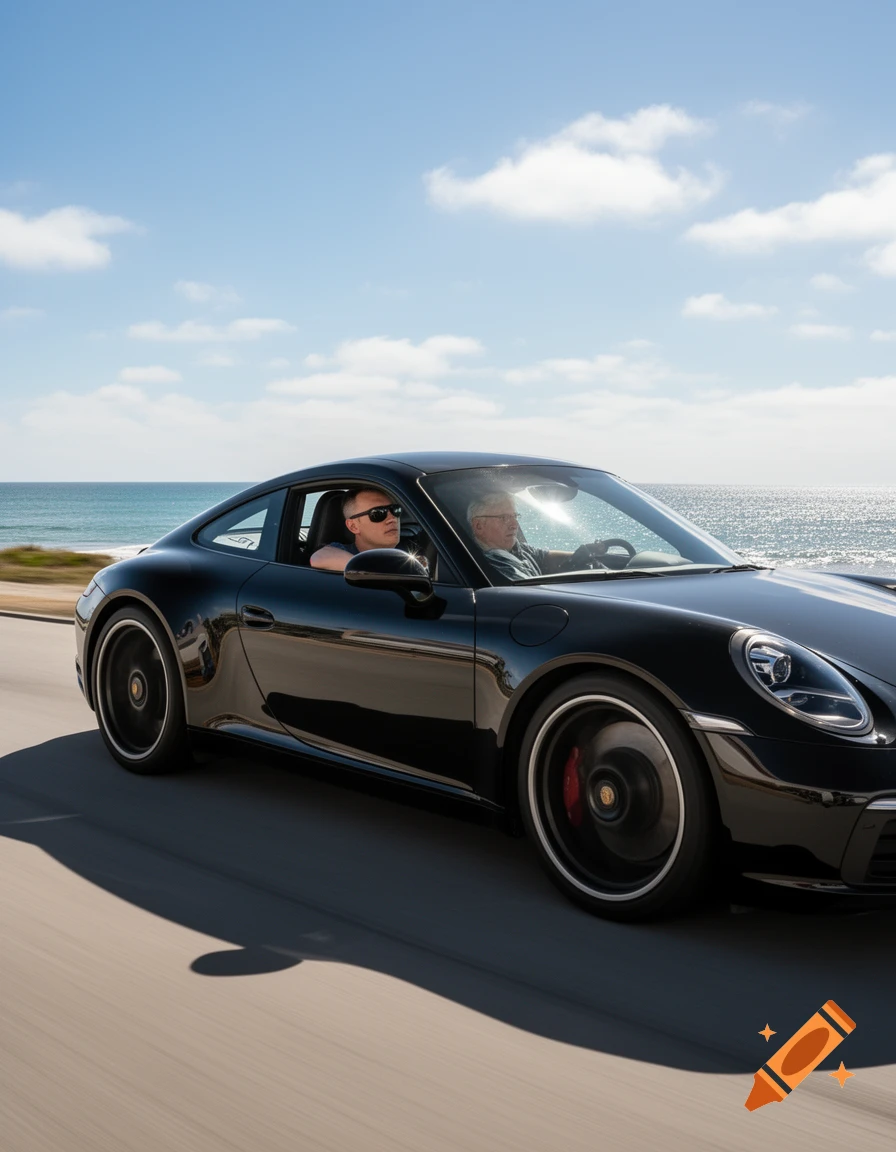 A black Porsche 911 sports car drives along a coastal road with two men inside, ocean visible in the background under a blue sky.